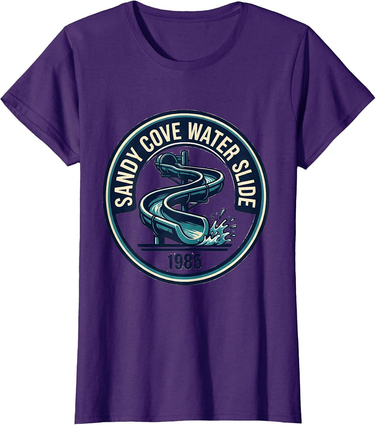 Women's Sandy Cove Water Slide 1985 Retro Vintage Band-Name Pop T-Shirt - Purple