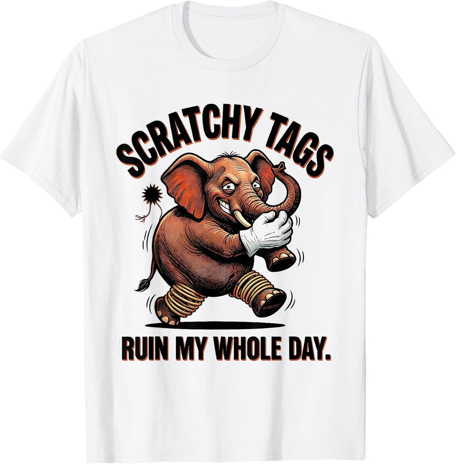 Men's Scratchy Tags Ruin My Whole Day Retro Cartoon Autism Humor T-Shirt - White