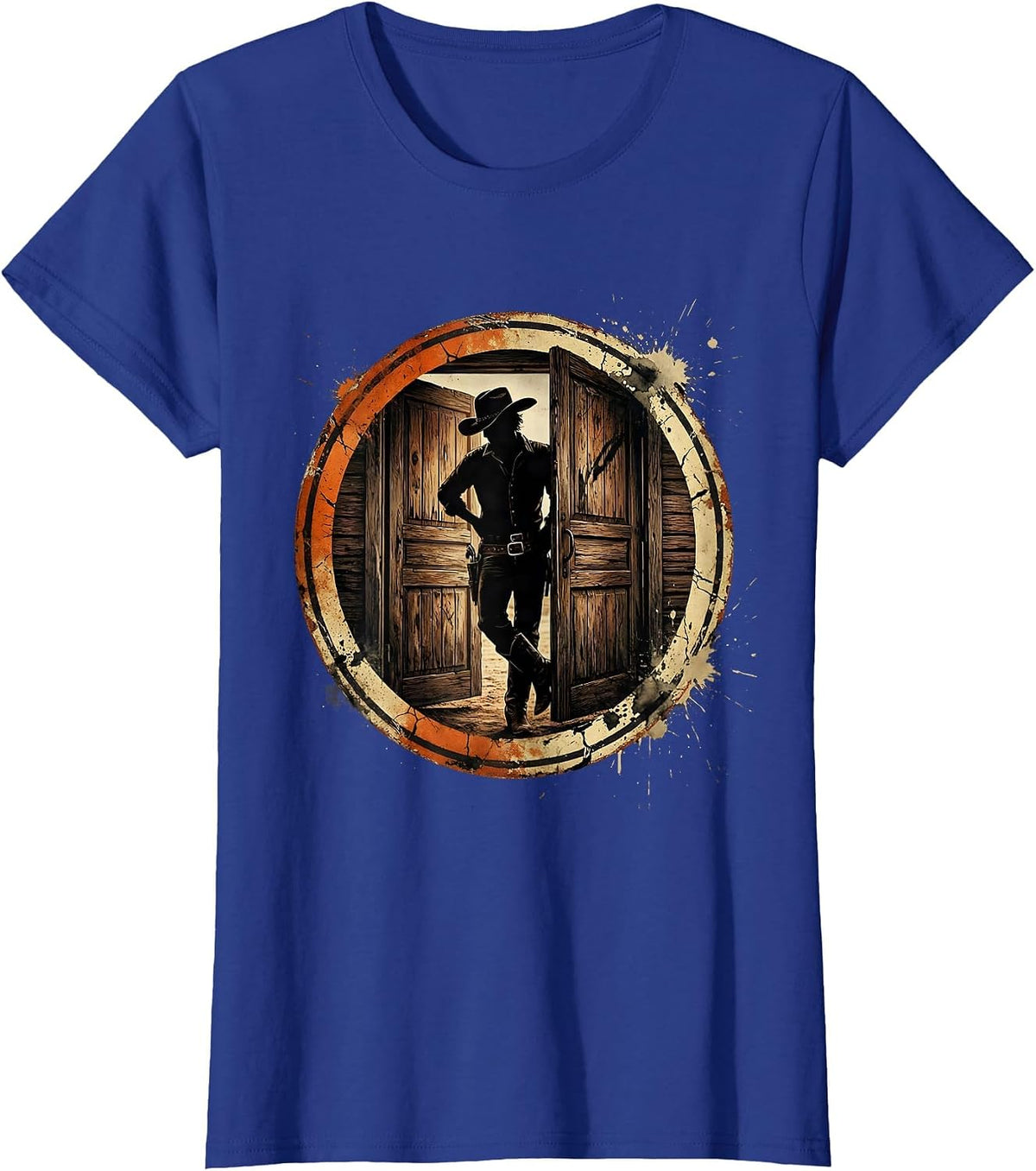 Women's Cowgirl Saloon Door Leaning Western Illustration T-Shirt - Royal Blue