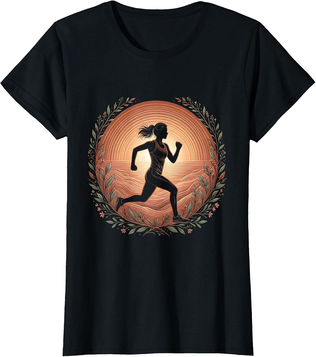 Women's Runner Silhouette Sunrise Burst Athleisure Design T-Shirt - Black
