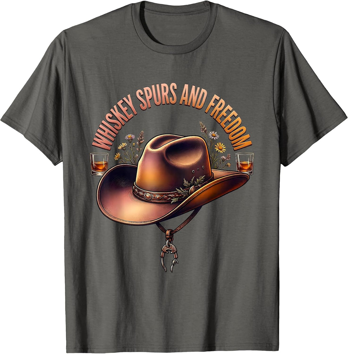 Whiskey Spurs and Freedom Cowboy Design T-Shirt - Asphalt Grey