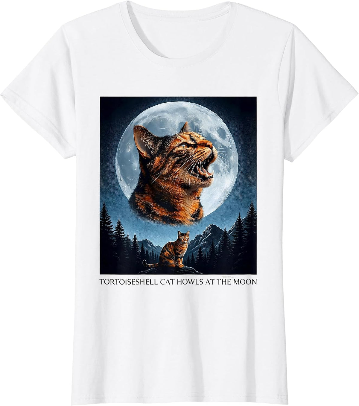Women's Tortoiseshell Cat Howls at the Moon 90's Retro Cat Lover T-Shirt - White