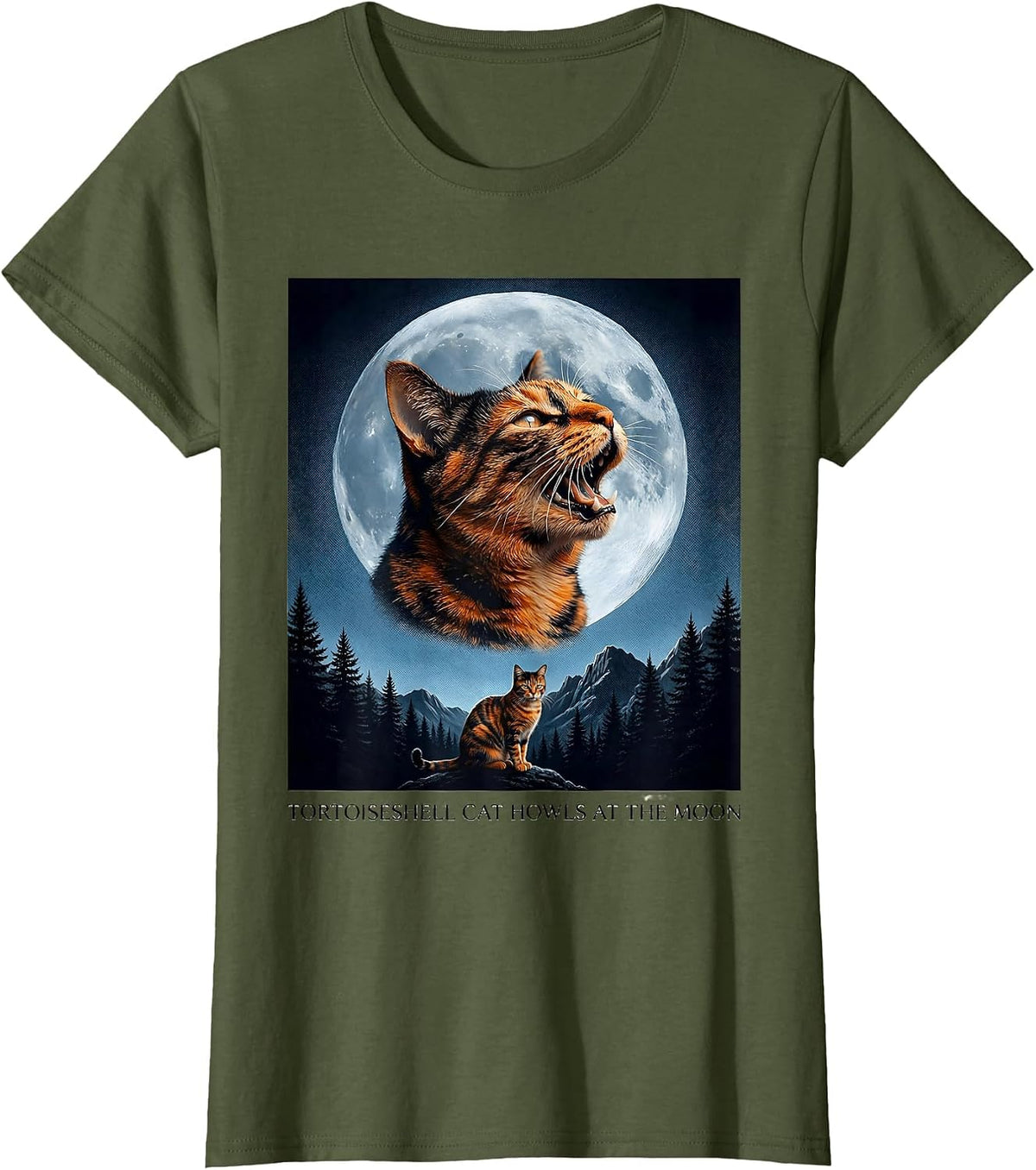 Women's Tortoiseshell Cat Howls at the Moon 90's Retro Cat Lover T-Shirt - Olive Green