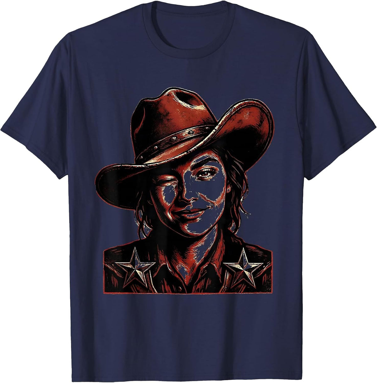 Men's Sassy Cowgirl Wink Western Hat Illustration T-Shirt - Navy Blue