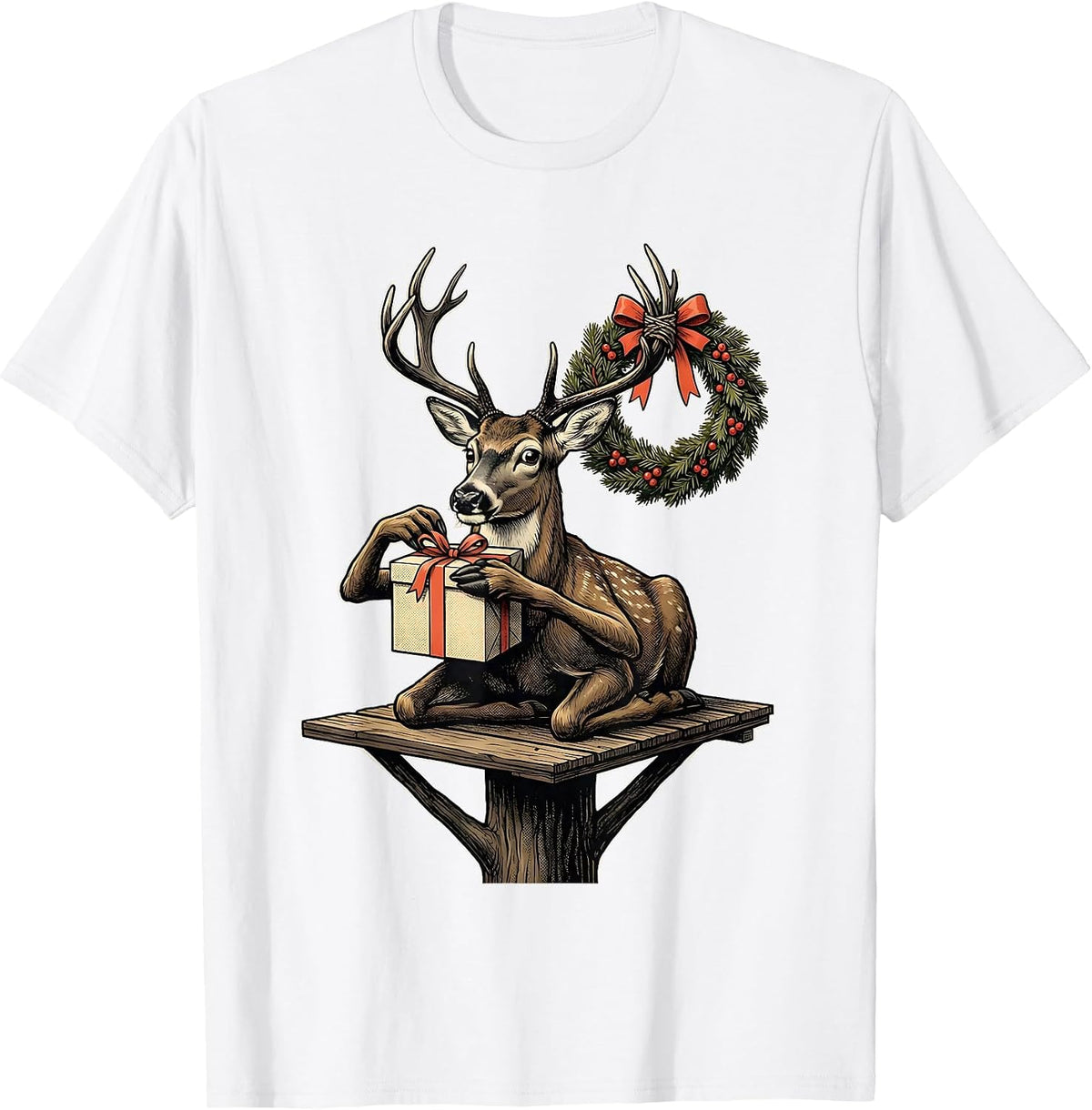 Men's Deer Hunter Gift Midcentury Modern Christmas T-Shirt - White