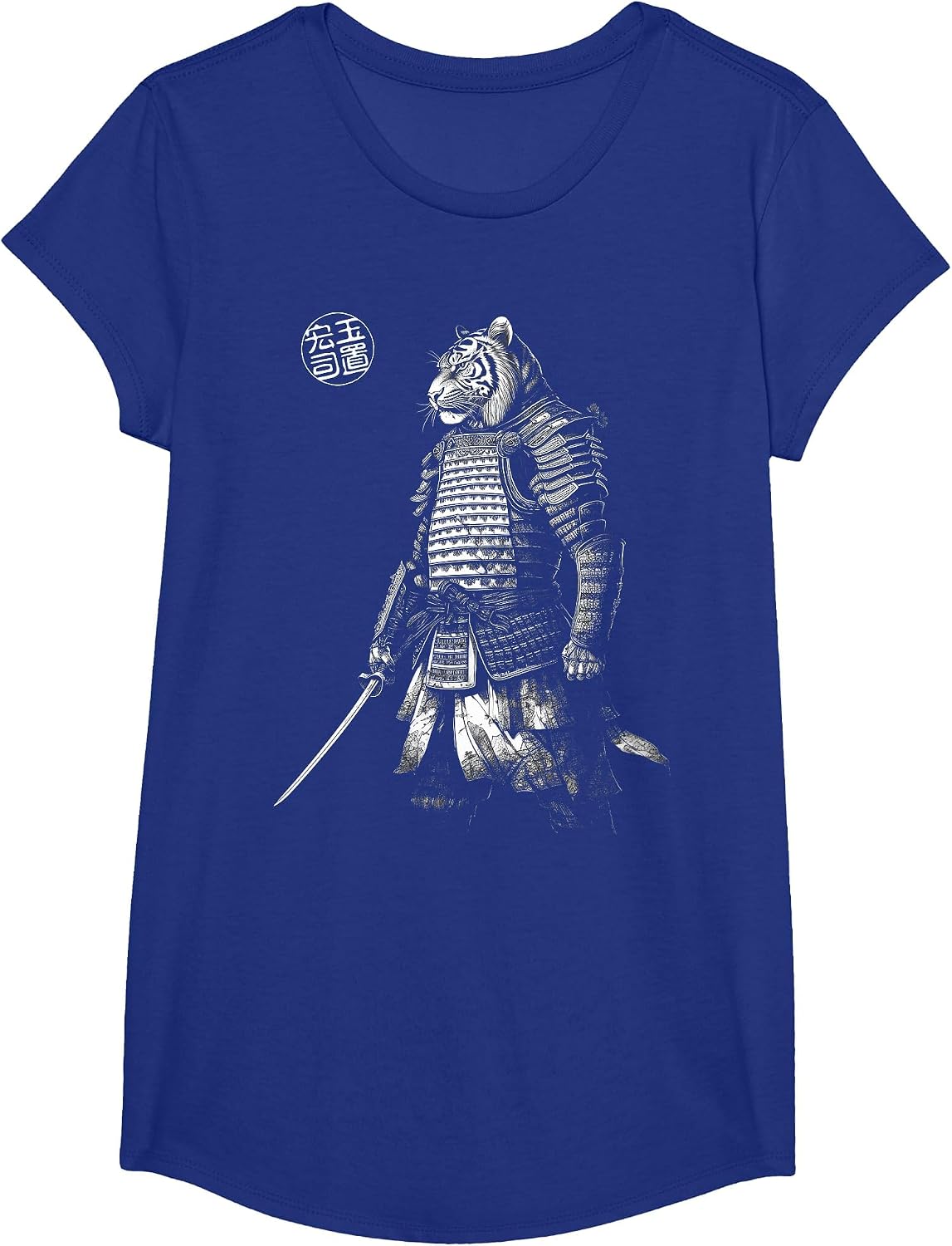 Japanese Aesthetics Tiger Samurai Beast Graphic T-Shirt - Girls Royal Blue