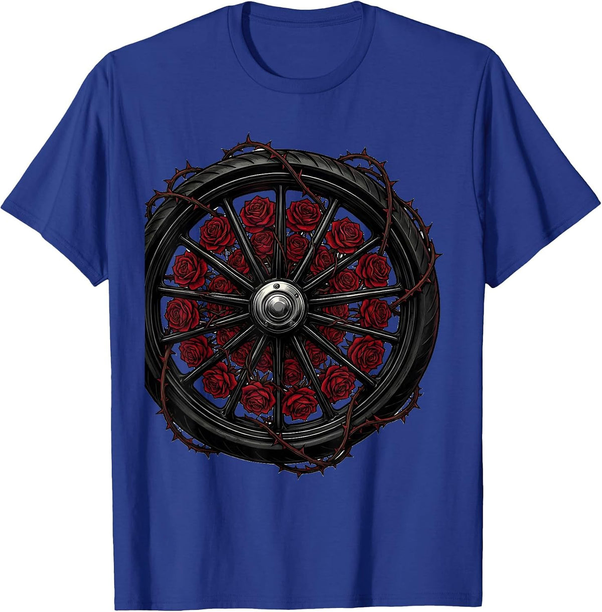 Motorcycle Wheel and Roses Graphic Design T-Shirt - Royal Blue