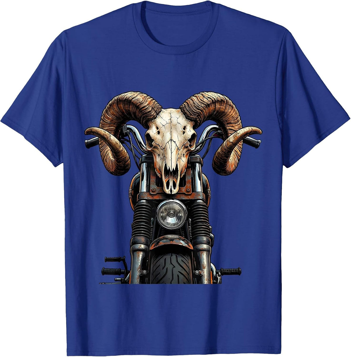 Ram Skull Motorcycle Handlebars Biker Graphic T-Shirt - Royal Blue