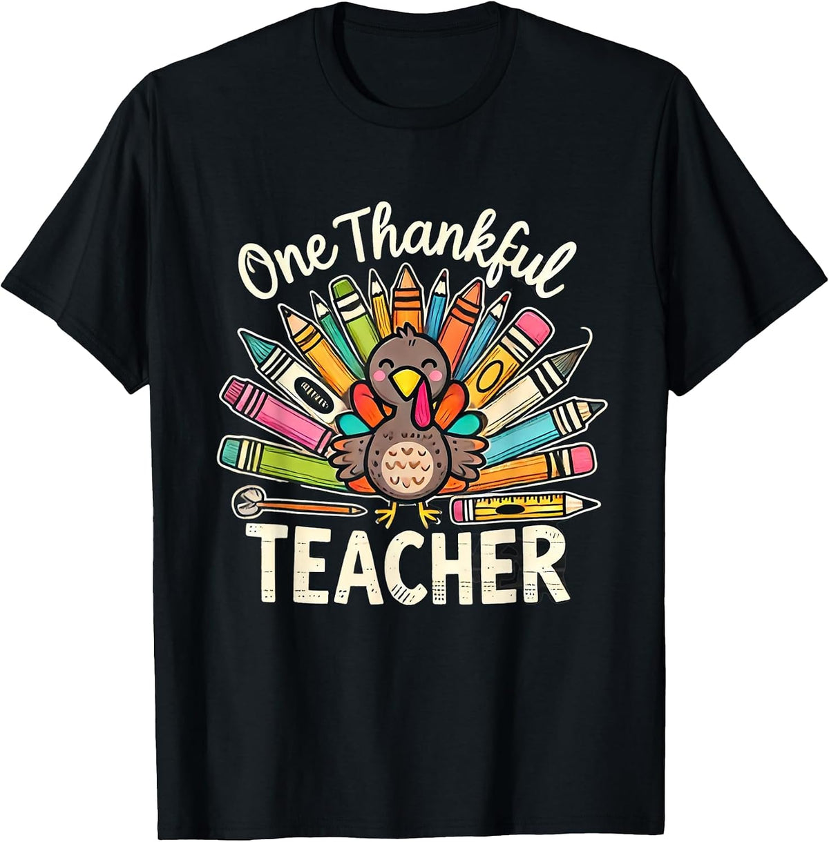 One Thankful Teacher Cute Thanksgiving Turkey School T-Shirt - Black