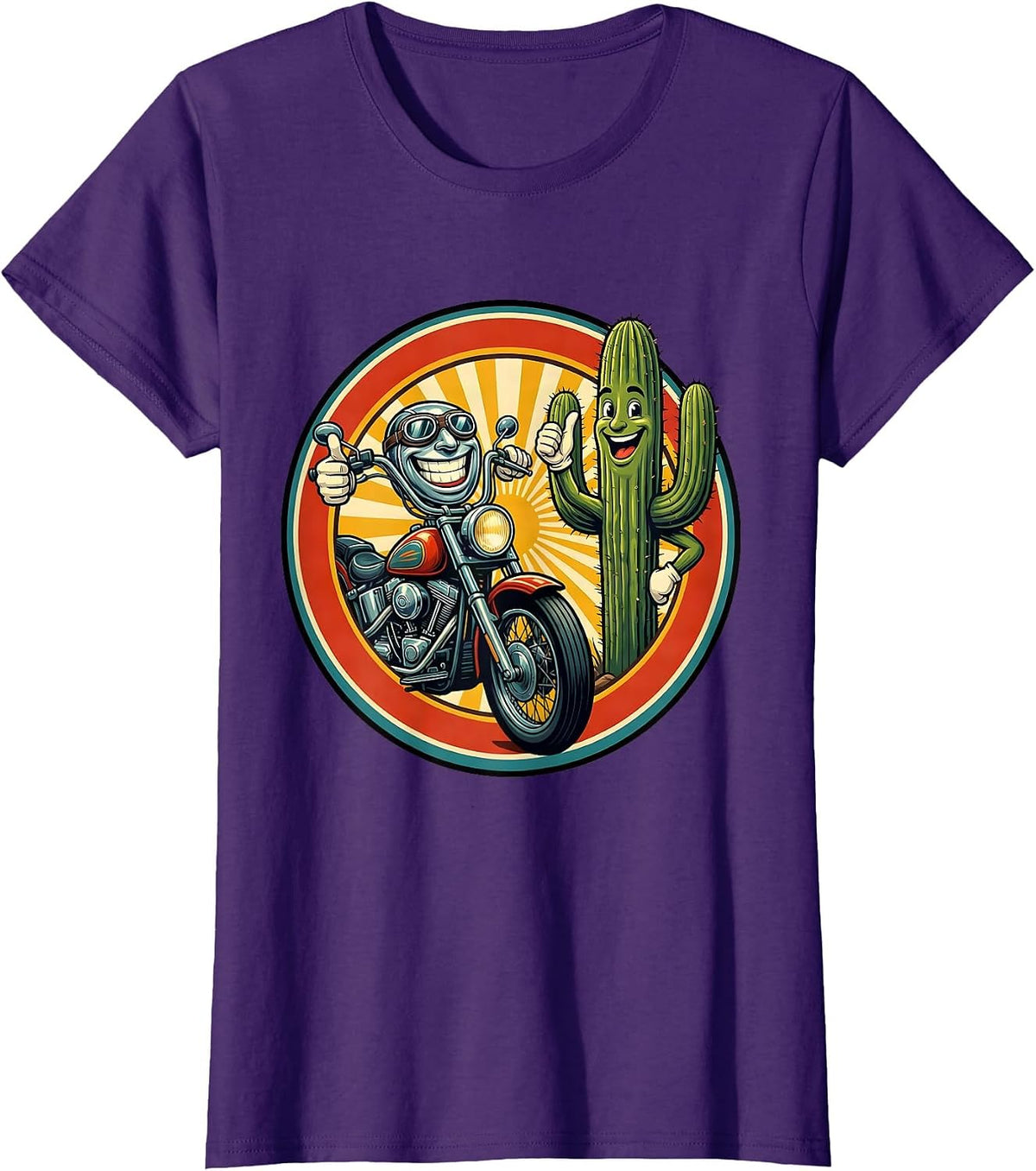 Women's Route 66 Retro Motorcycle Saguaro Cactus Design T-Shirt - Purple