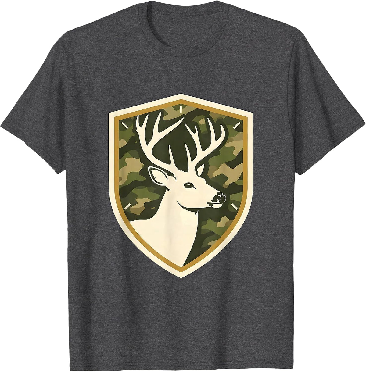 Men's Shield Buck Antlers Camo Emblem Hunting Dad T-Shirt - Dark Heather Grey