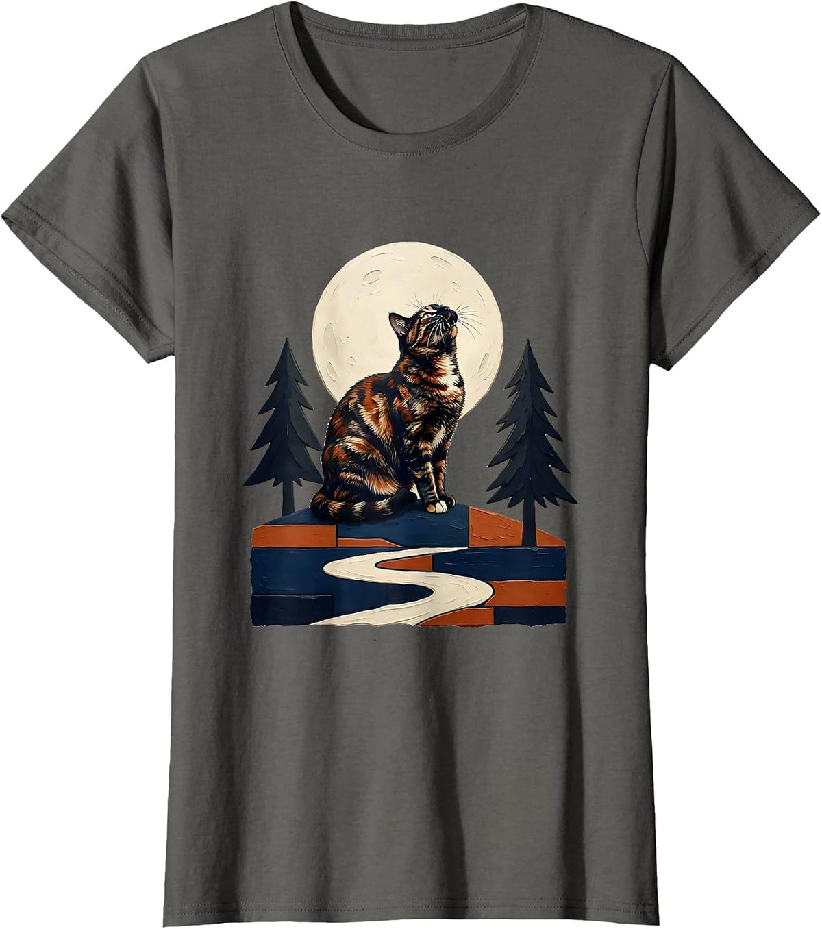 Women's Tortoiseshell Cat Howling at Moon Storybook Fantasy T-Shirt - Asphalt Grey