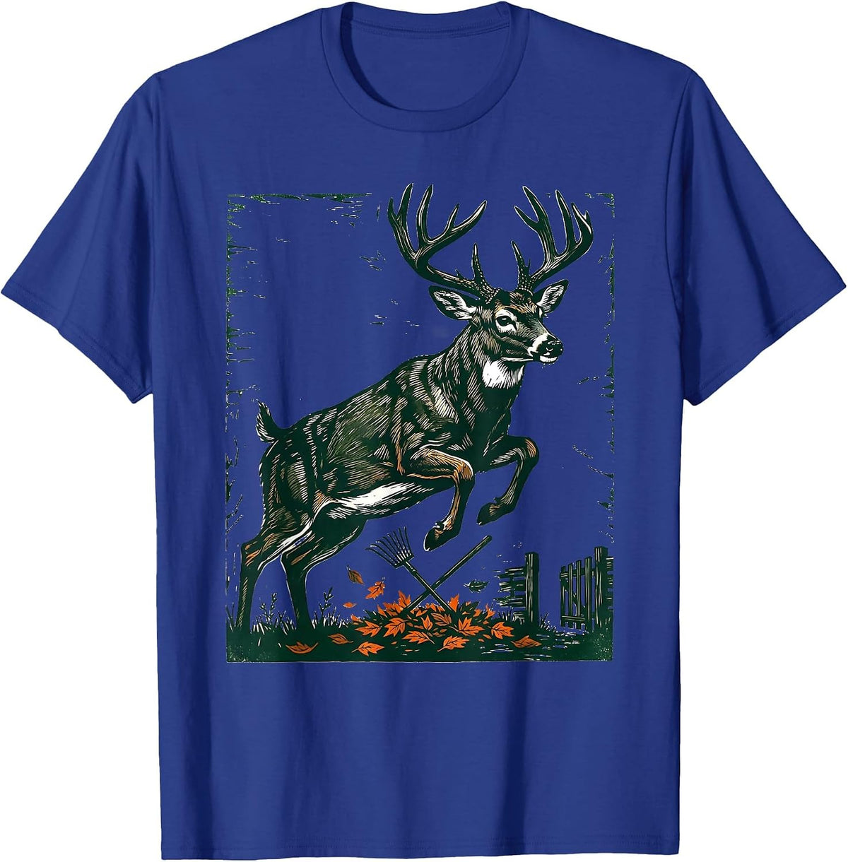 Men's Leaping Buck Silhouette Linocut Hunting Dad Gift T-Shirt - Royal Blue