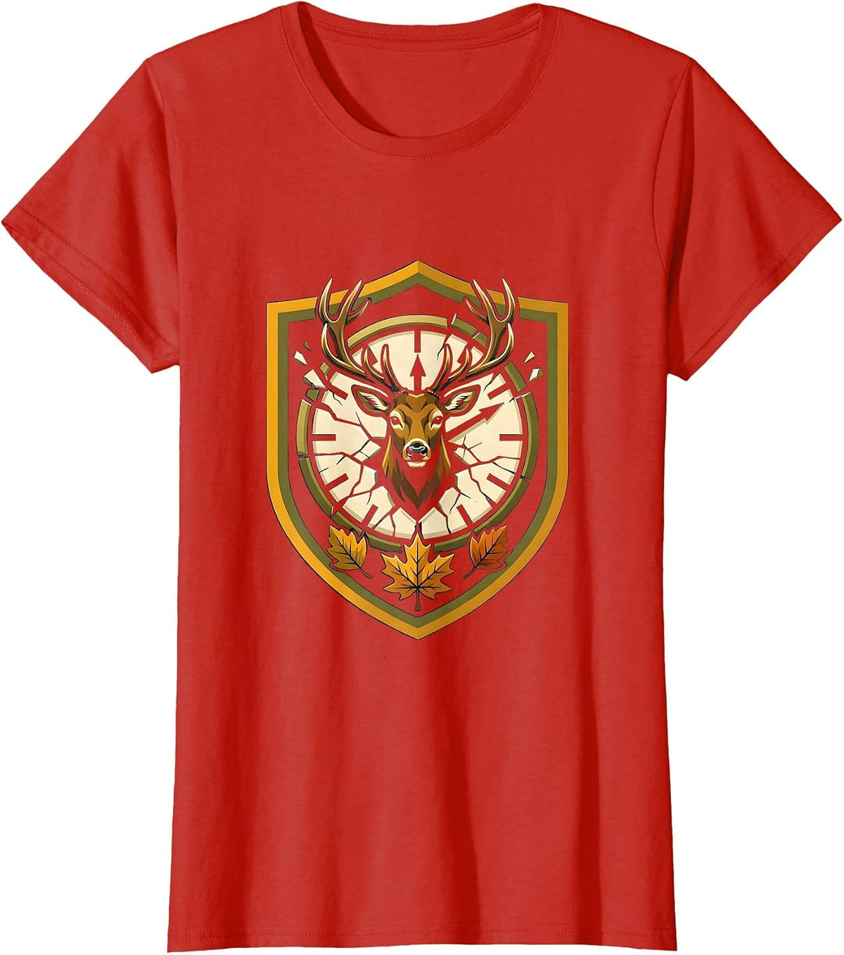 Women's Whitetail Buck Shield Emblem Funny Deer Hunting Hunter Dad T-Shirt - Red