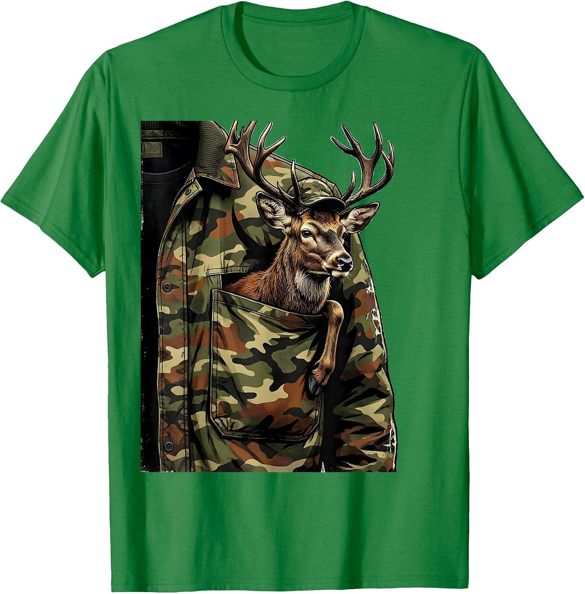 Men's Reclining Buck Distressed Camo Deer Hunting Gift T-Shirt - Kelly Green