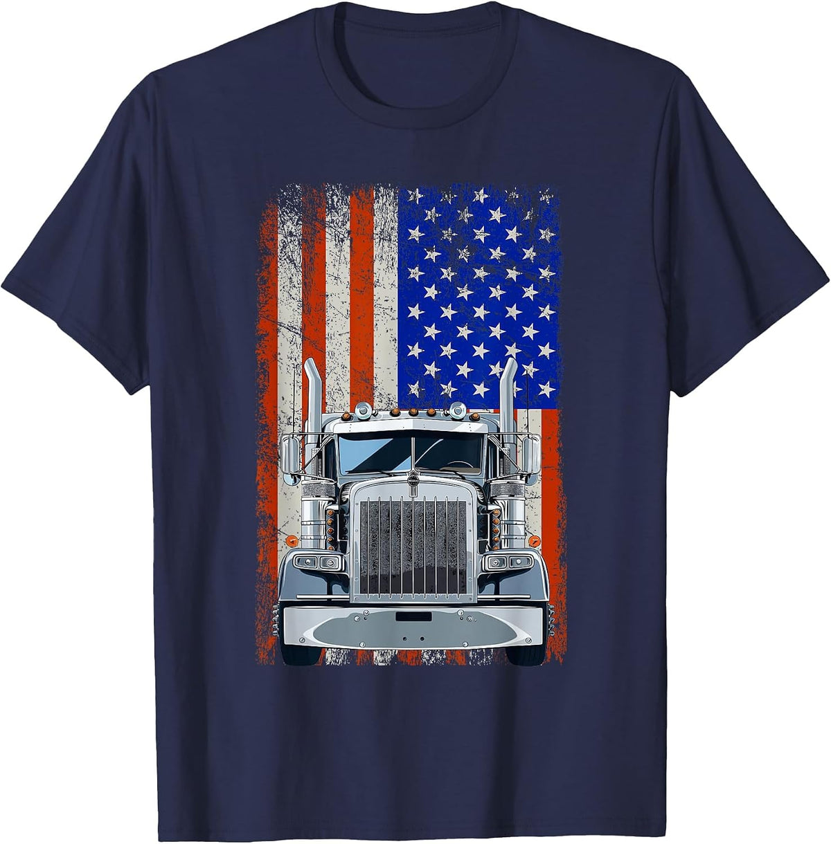 US American Flag Semi Truck Driver T-Shirt - Navy Blue