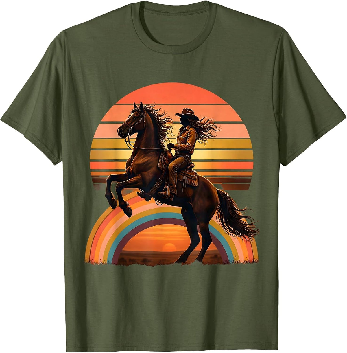Cowgirl Riding Rearing Stallion Western Art T-Shirt - Olive Green