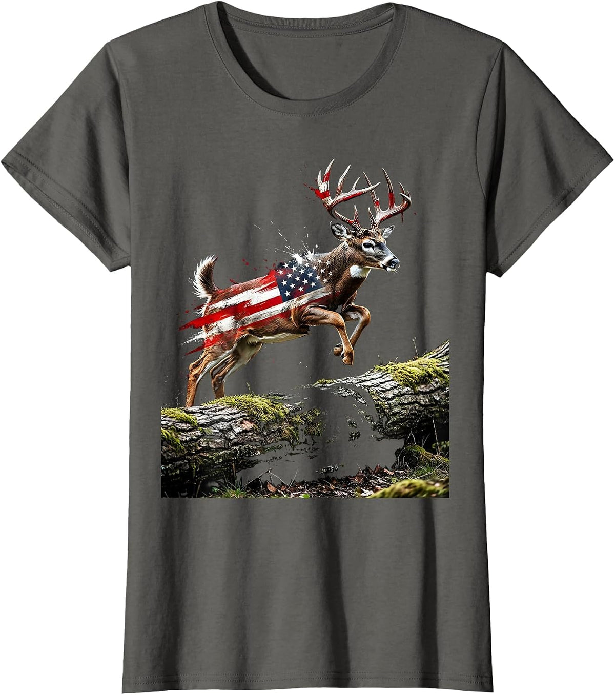 Women's Camo Whitetail Buck Leaping Over Fallen Log T-Shirt - Asphalt Grey