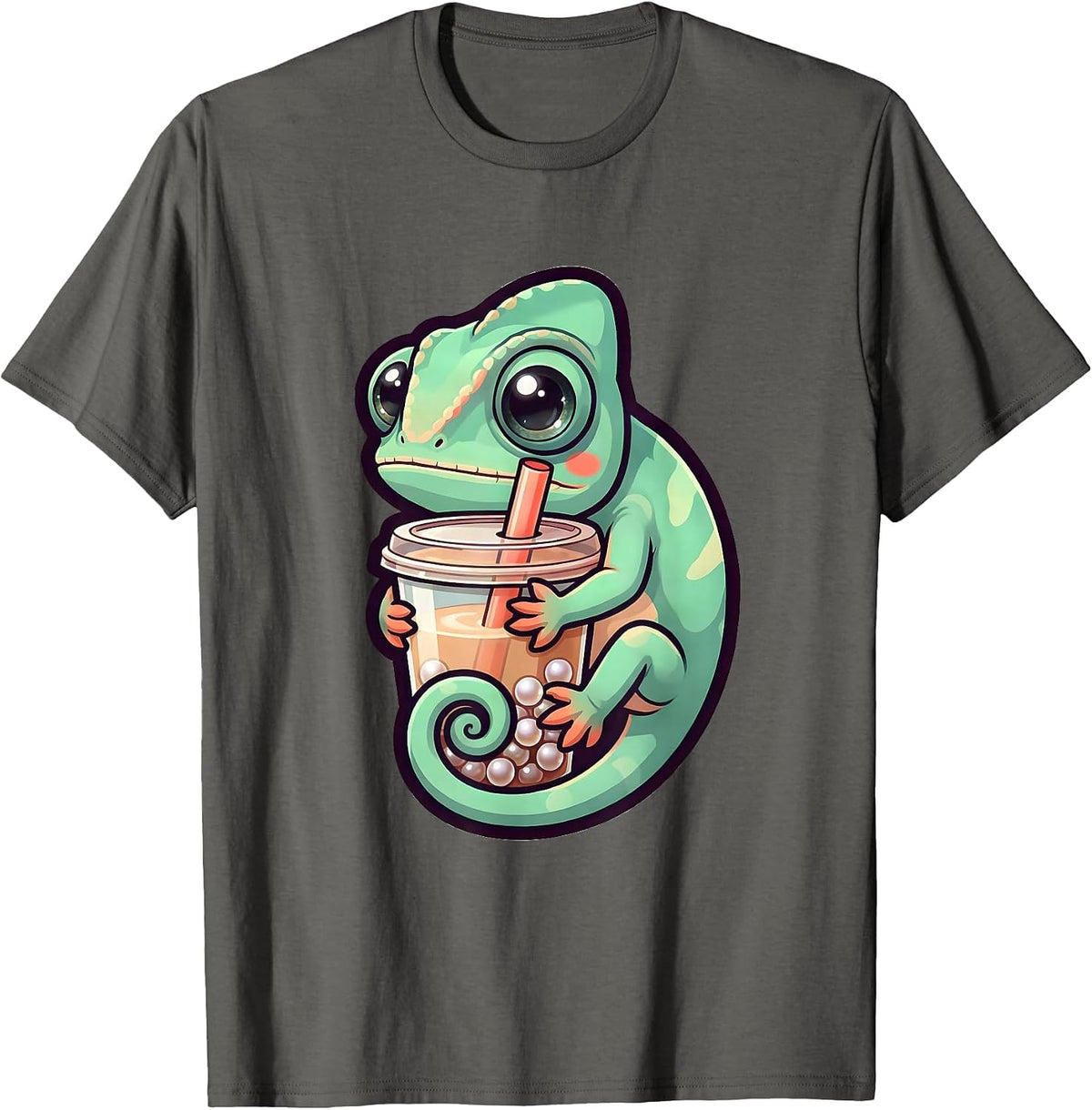 Chibi Chameleon Kawaii Boba Tea Anime Girl T-Shirt - Asphalt Grey