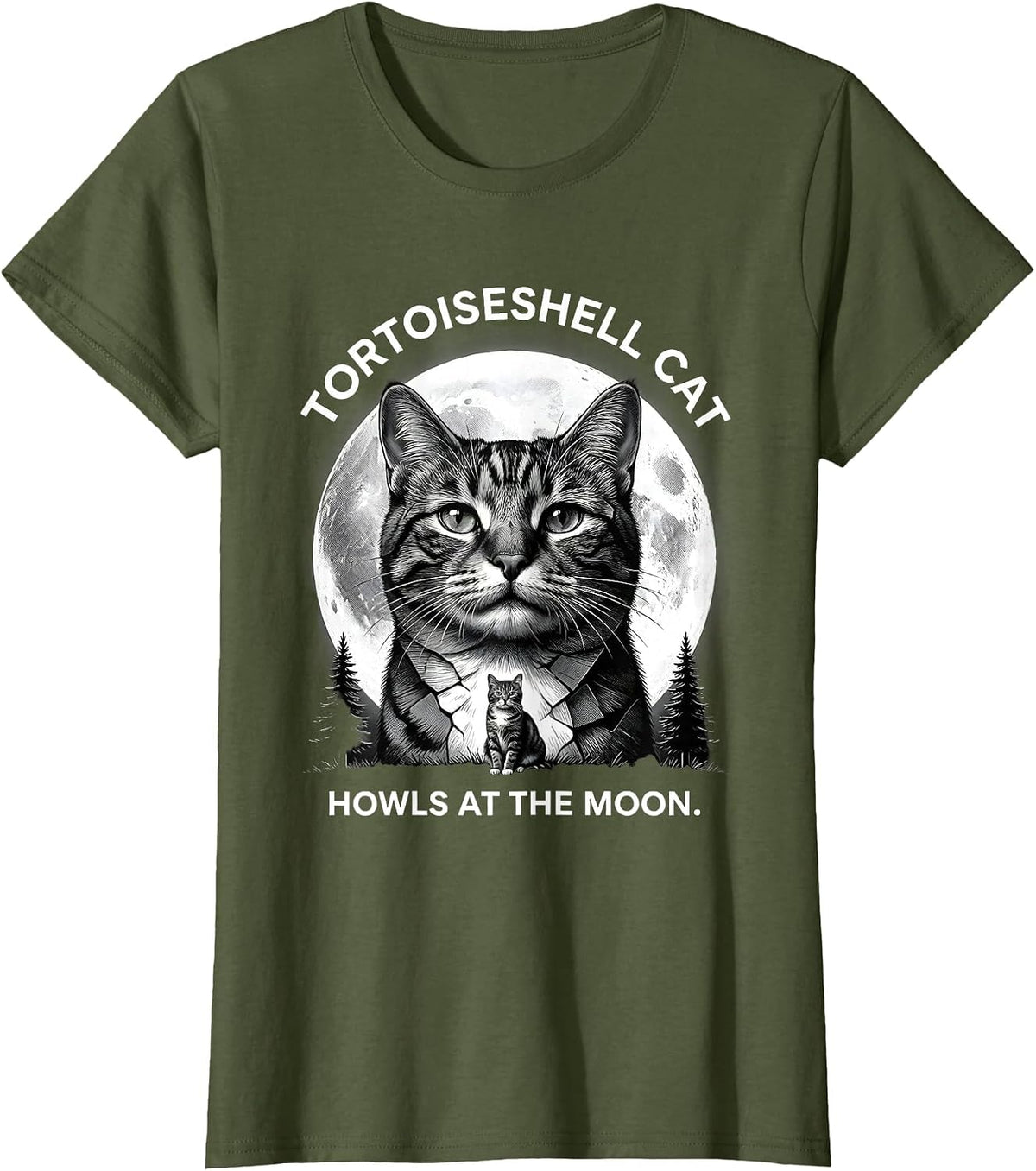 Women's Tortoiseshell Cat Howls at the Moon 90s Retro Novelty T-Shirt - Olive Green