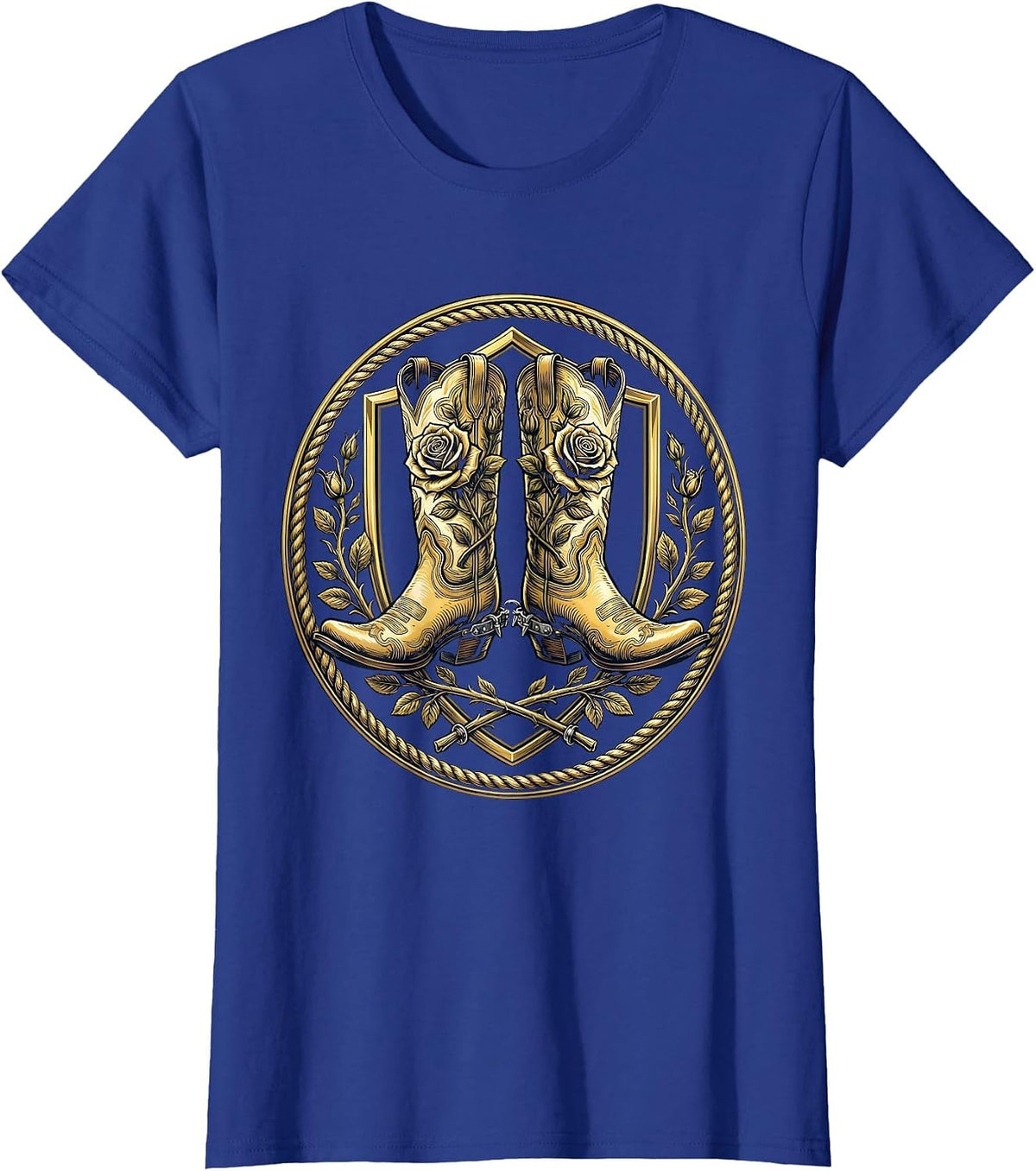 Women's Cowboy Boots Spurs and Roses Western Graphic T-Shirt - Royal Blue