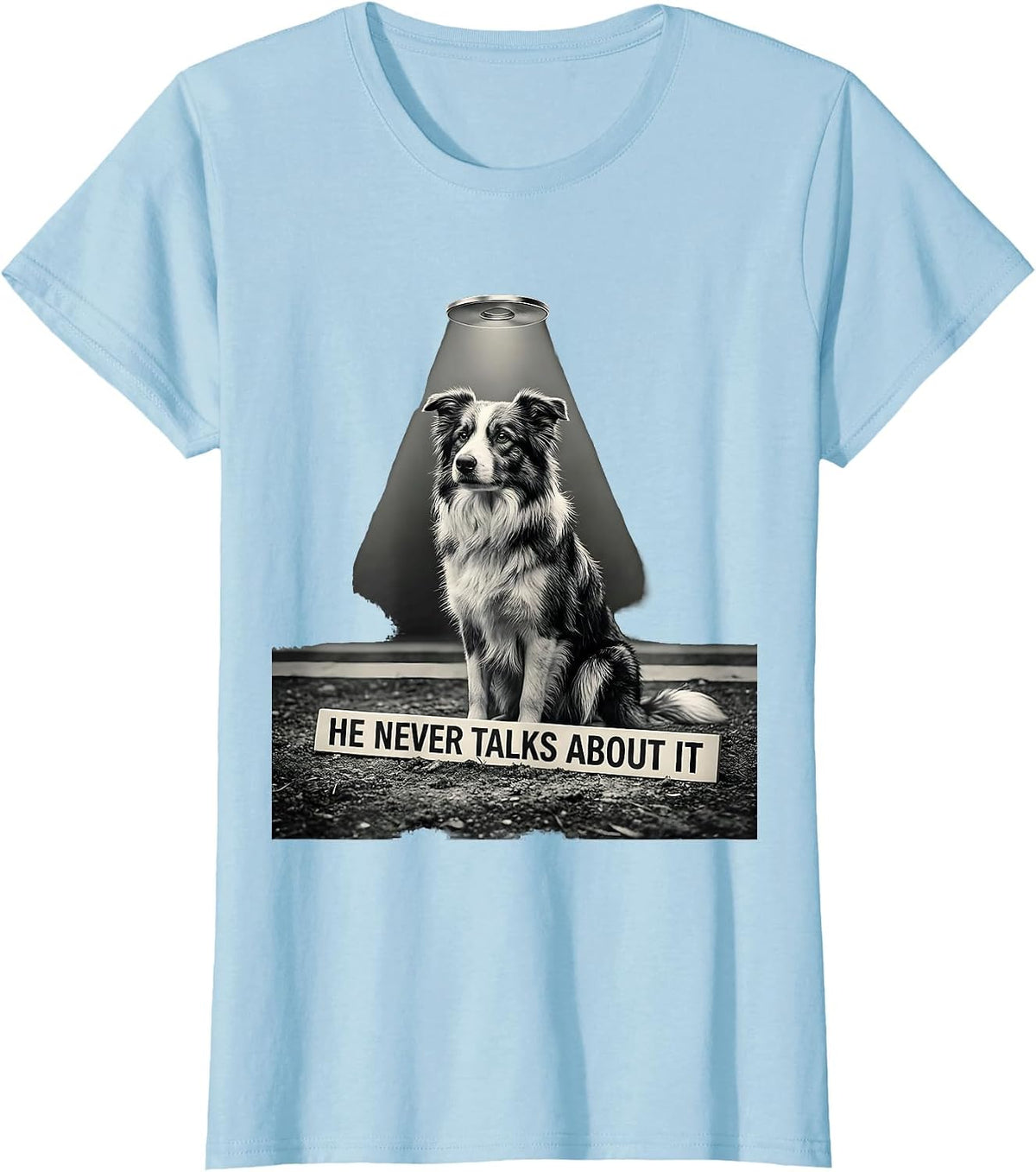 He Never Talks About It Funny Border Collie Alien UFO T-Shirt - Baby Blue