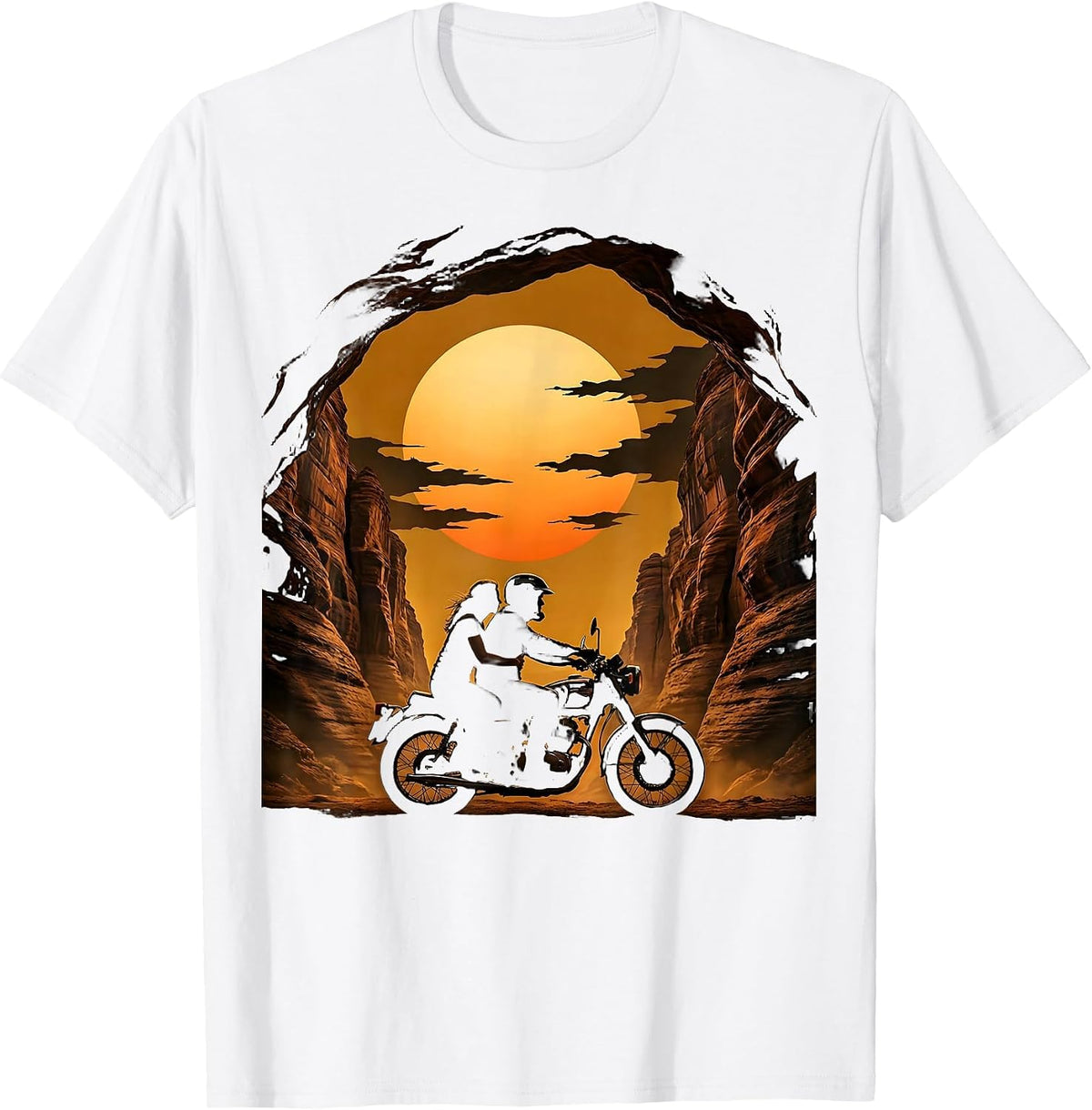 Men's Couple Motorcycle Desert Canyon Sunset Graphic T-Shirt - White