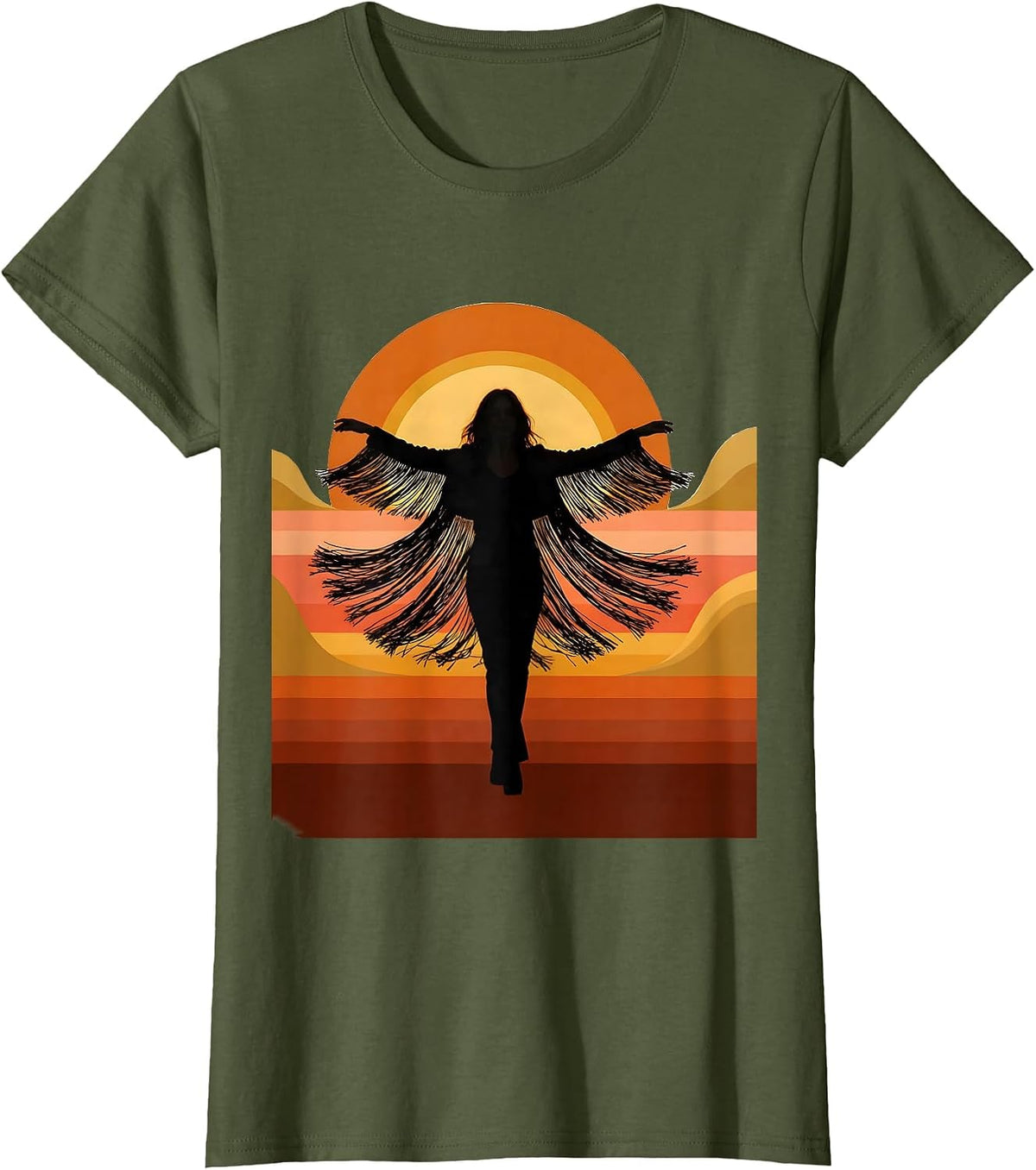 Women's Nashville Fringe Jacket Sunset Twirl Graphic T-Shirt - Olive Green