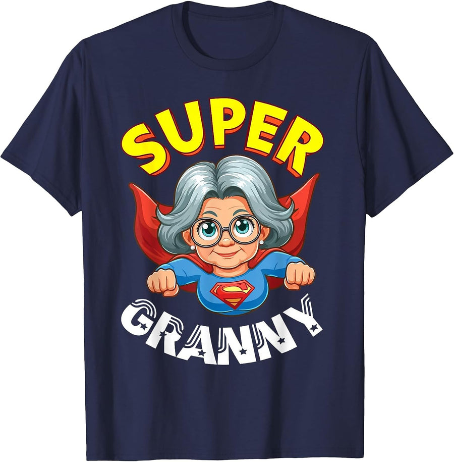 Super Granny Hero Cape Flying Cartoon Funny Grandmother Nana T-Shirt - Navy Blue