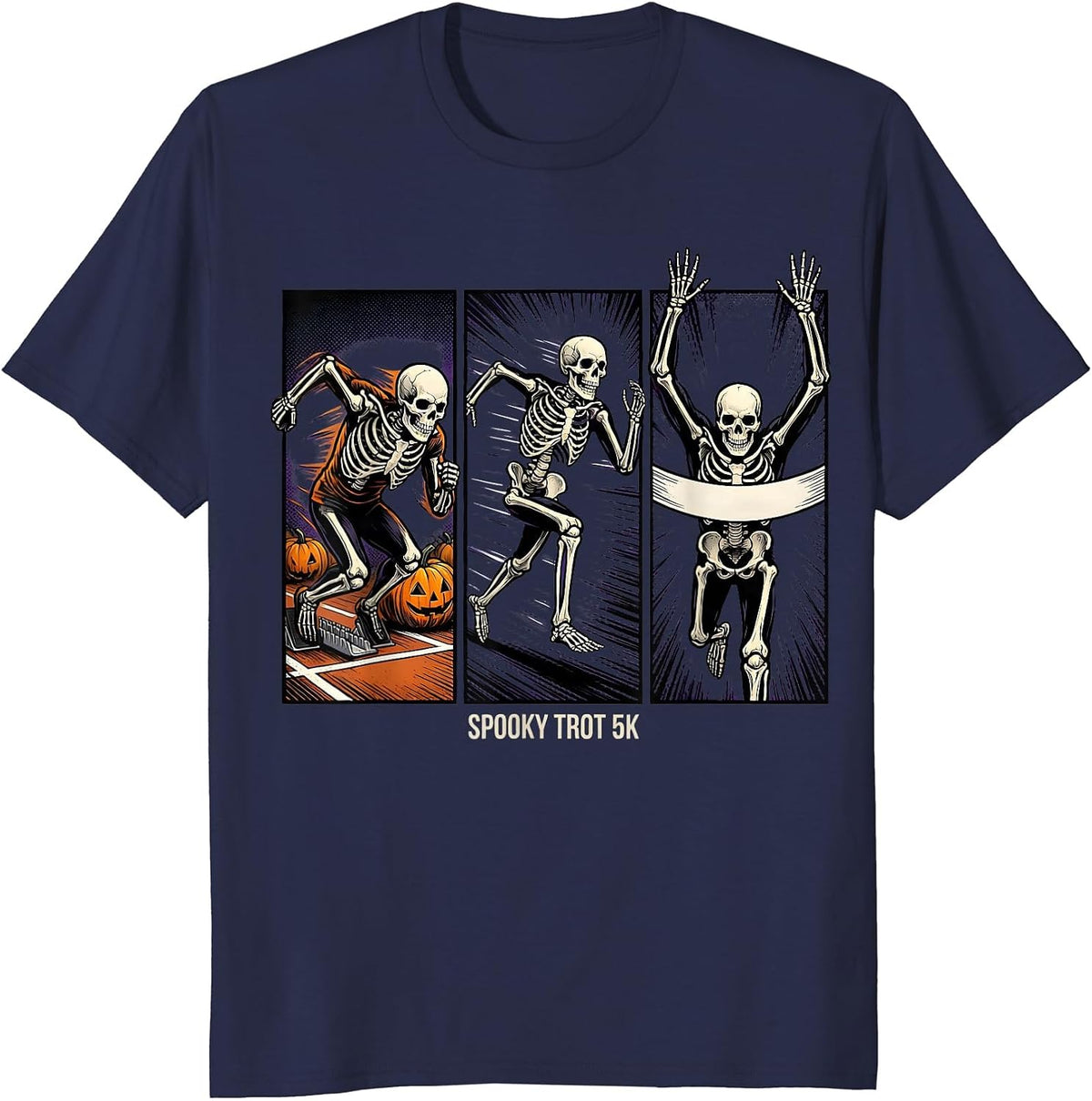 Men's Spooky Trot 5K Comic Book Skeleton Runner Halloween Fun Run T-Shirt - Navy Blue