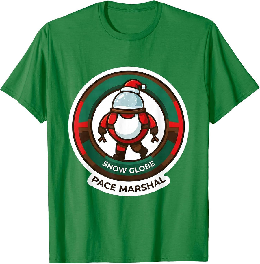 Men's Snow Globe Pace Marshal Funny Christmas 5K Run Runner T-Shirt - Kelly Green
