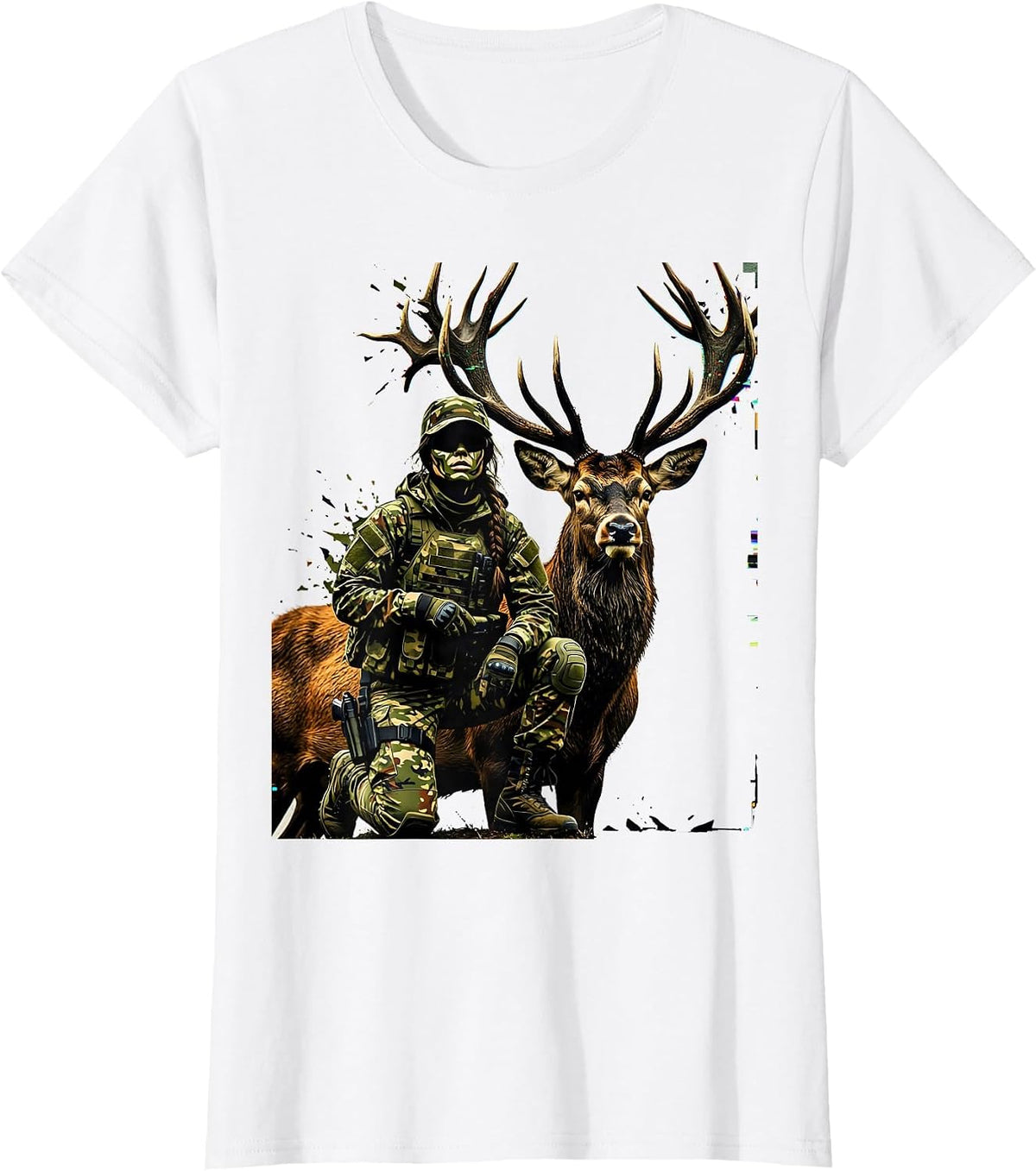 Camo Girl Hunter Kneeling With Trophy Buck T-Shirt - White