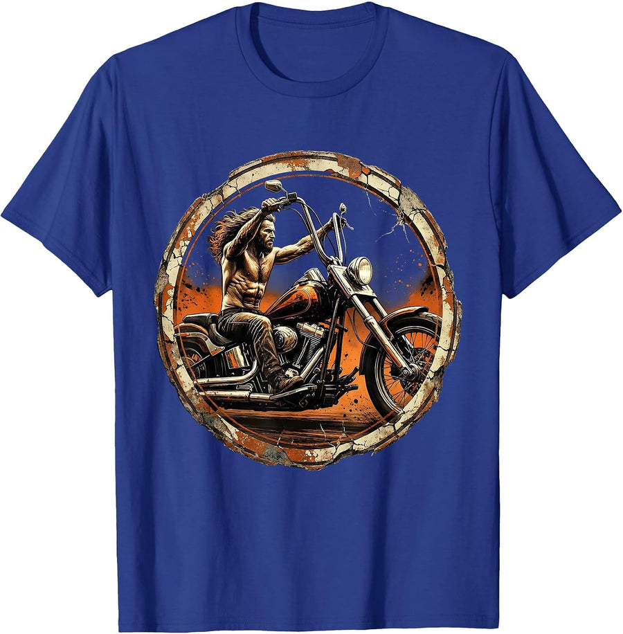 70s Shirtless Biker Chopper Motorcycle Illustration T-Shirt - Royal Blue