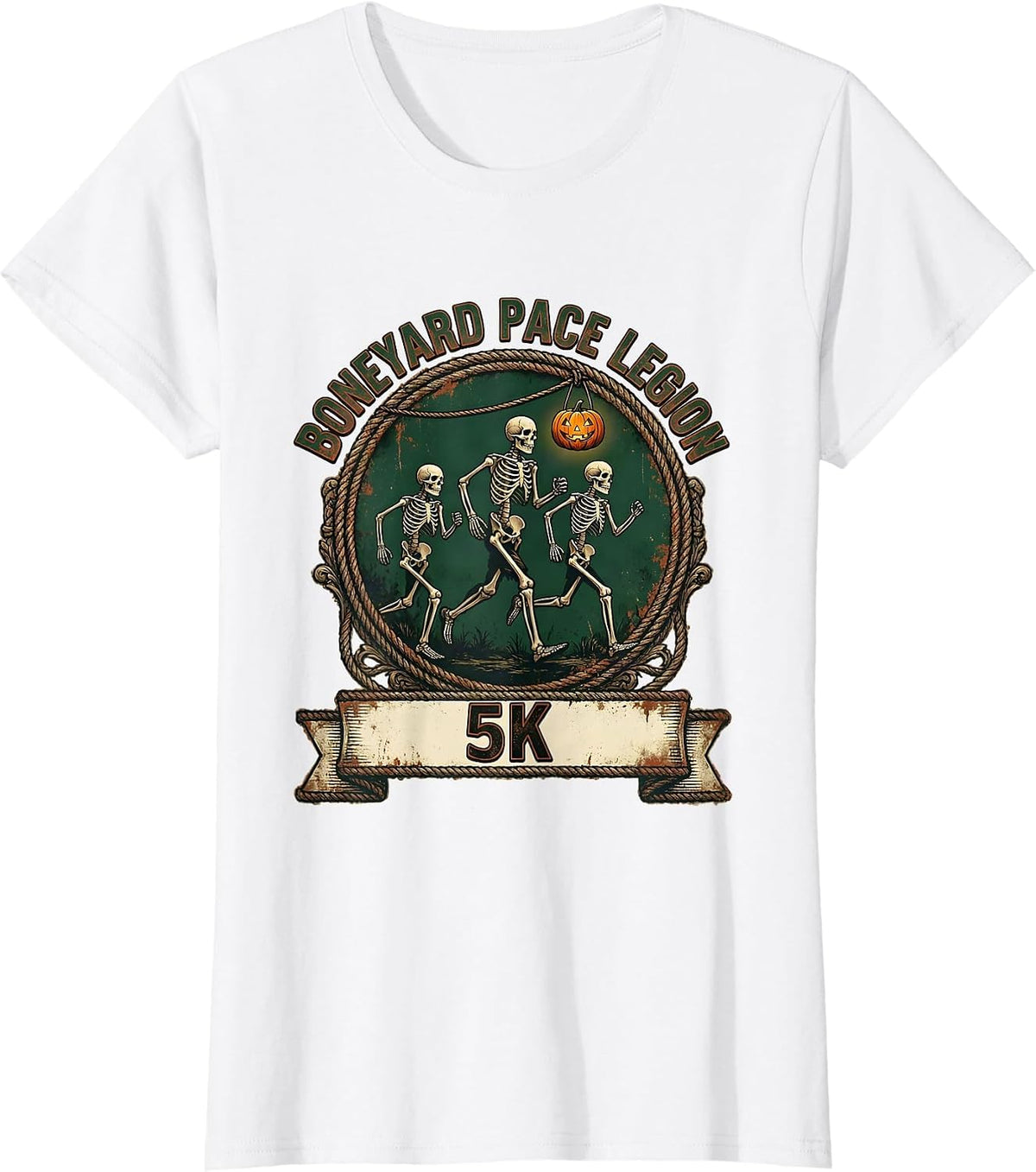 Boneyard Pace Legion 5K Vintage Halloween Skeleton Runner 5K T-Shirt - White