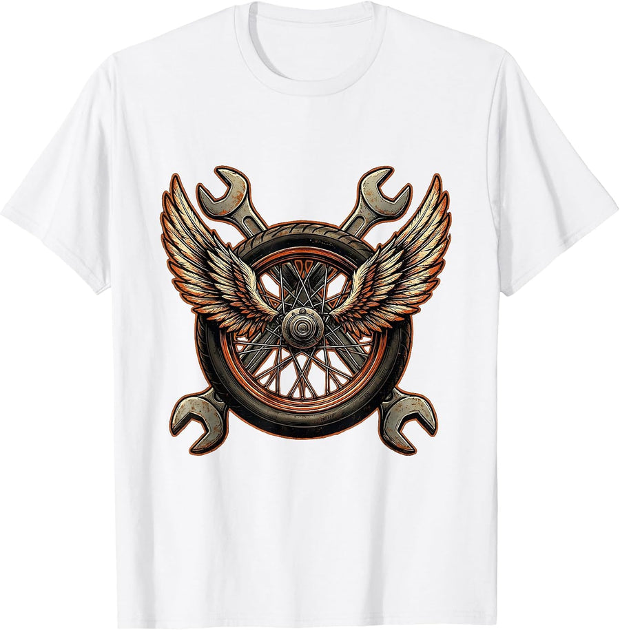Men's Winged Motorcycle Wheel Crossed Wrenches Biker T-Shirt - White