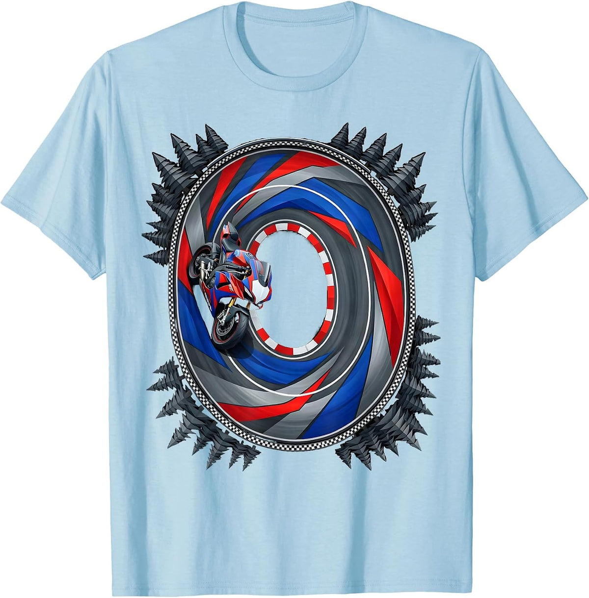 Men's Mountain Road Pine Forest Aerial Motorcycle Design T-Shirt - Baby Blue