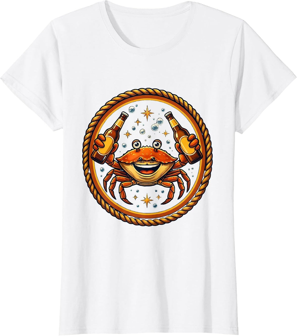 Women's Happy Hour Crab Holding a Cold Beer Illustration T-Shirt - White