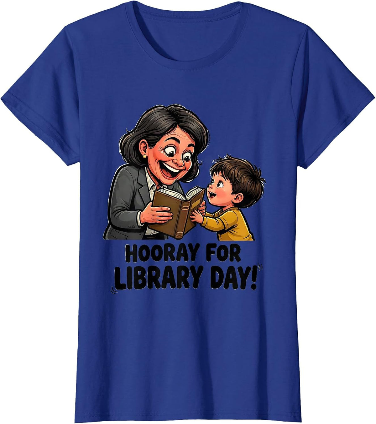 Women's Hooray For Library Day Cartoon Librarian Book Lover School T-Shirt - Royal Blue