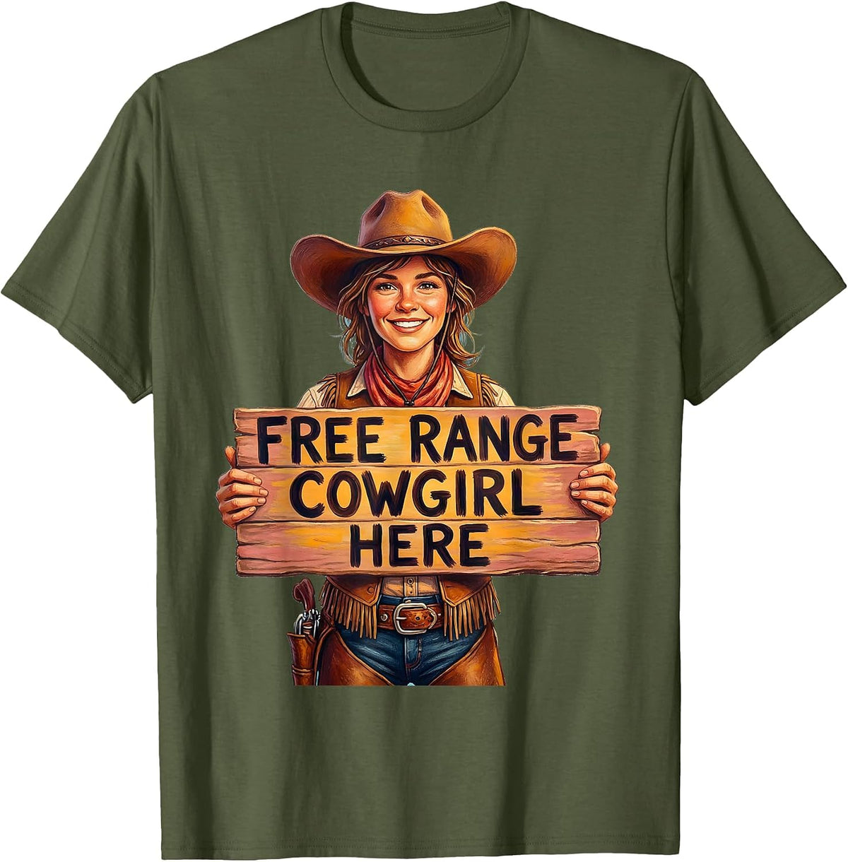 Free Range Cowgirl Western Spirit Design T-Shirt - Olive Green