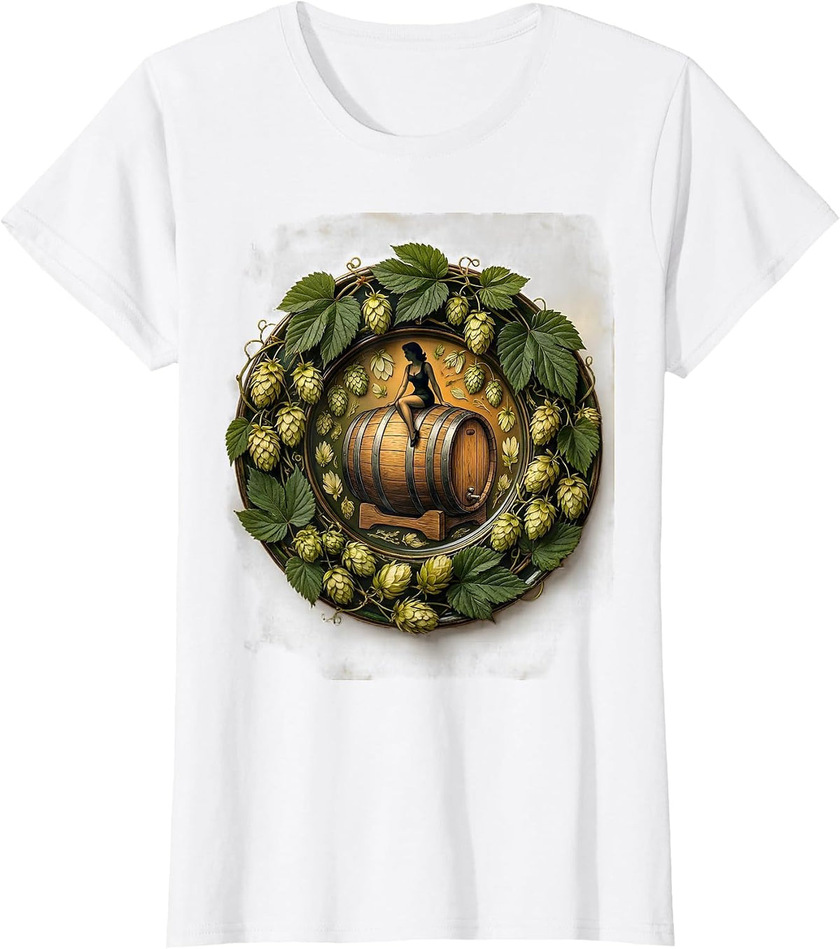 Women's Pin-Up Girl Riding Giant Beer Barrel Graphic T-Shirt - White