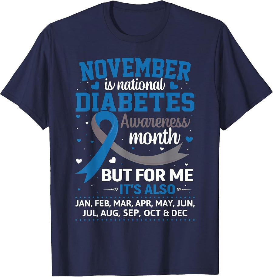 November is Diabetes Awareness Month Blue and Gray Ribbon T-Shirt - Navy Blue