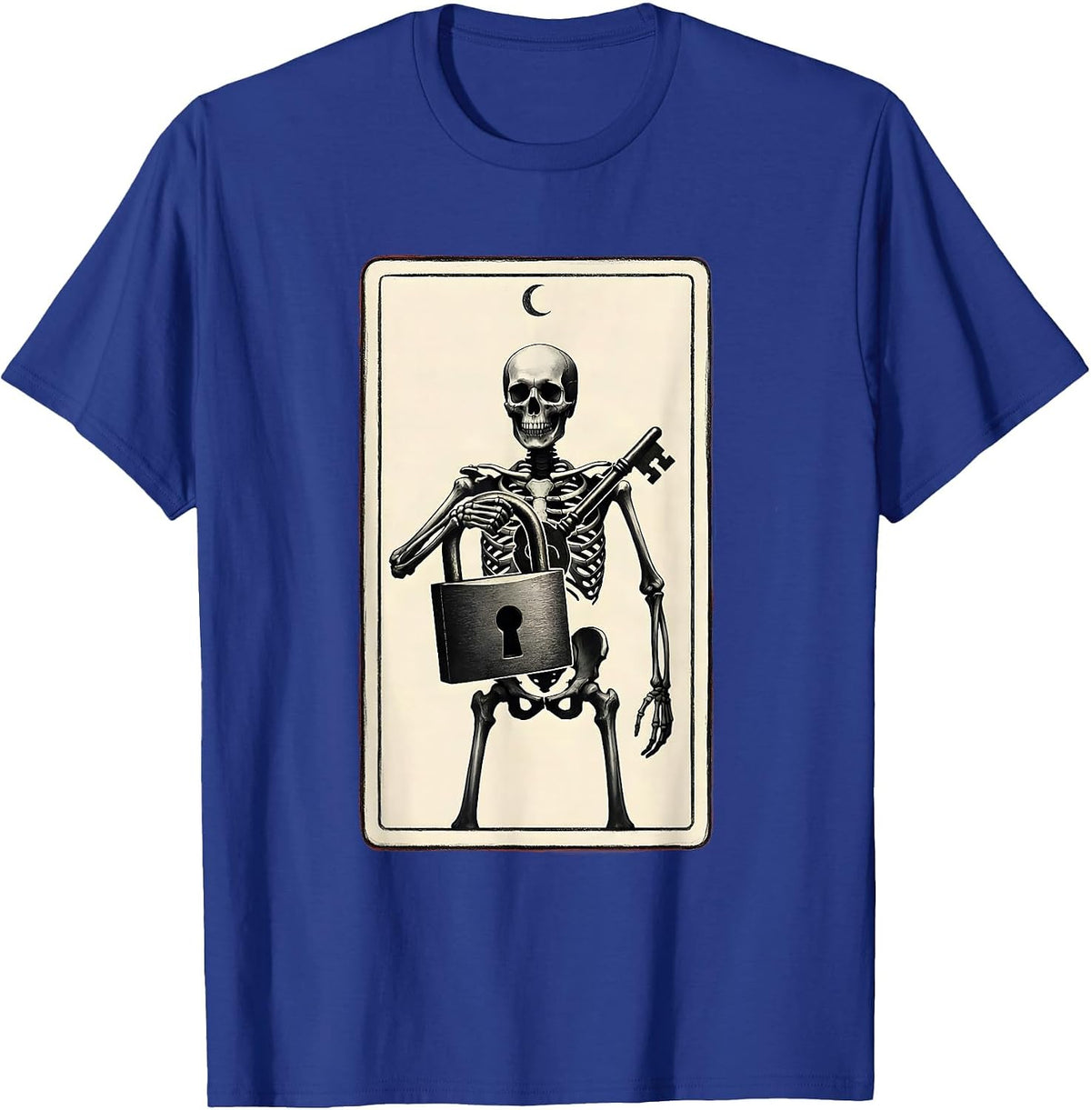 Men's Skeleton Locksmith Tarot Card Minimalist Halloween Humor T-Shirt - Royal Blue