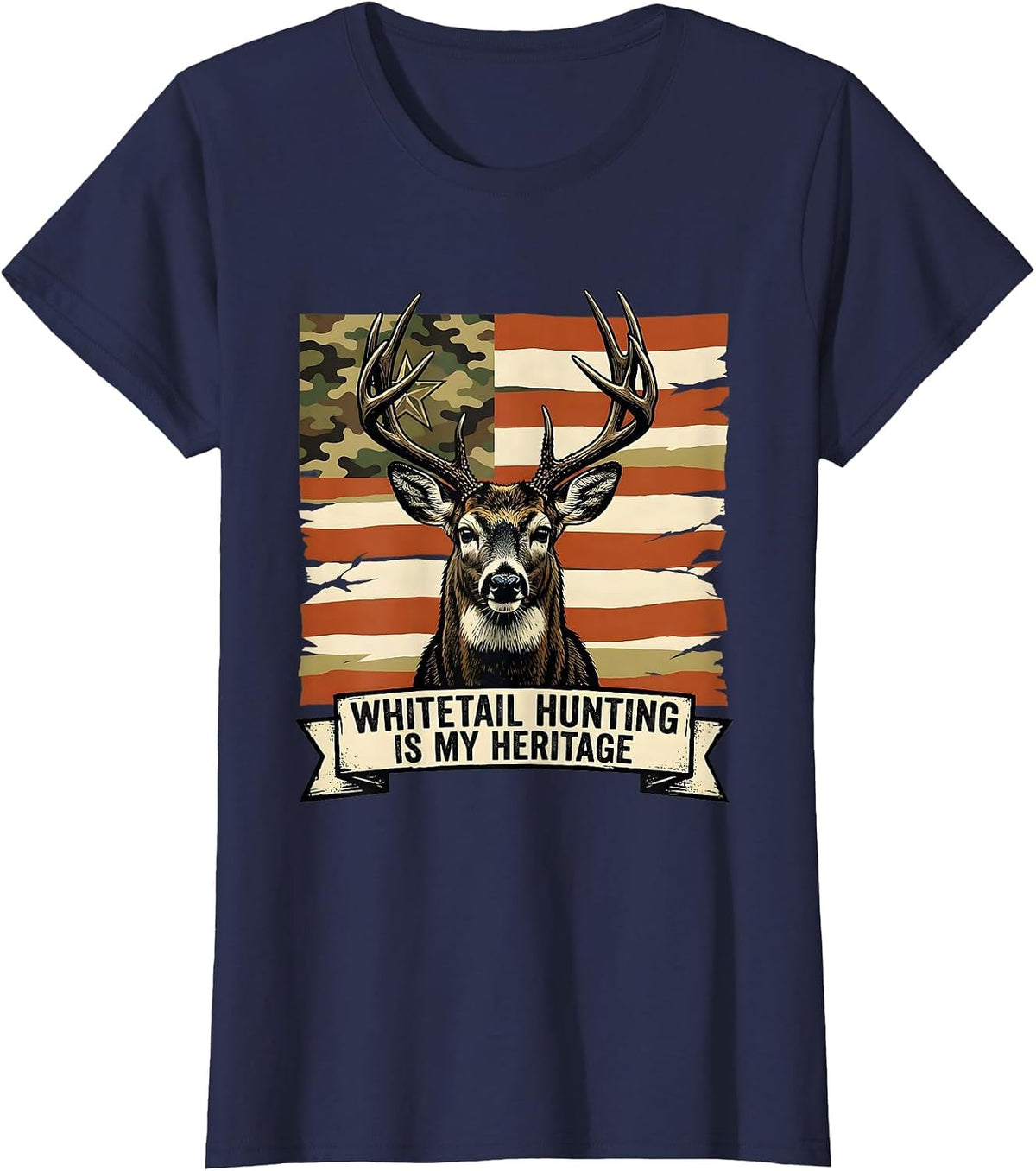 Women's Whitetail Hunting Is My Heritage Patriotic Camo Deer Hunter T-Shirt - Navy Blue