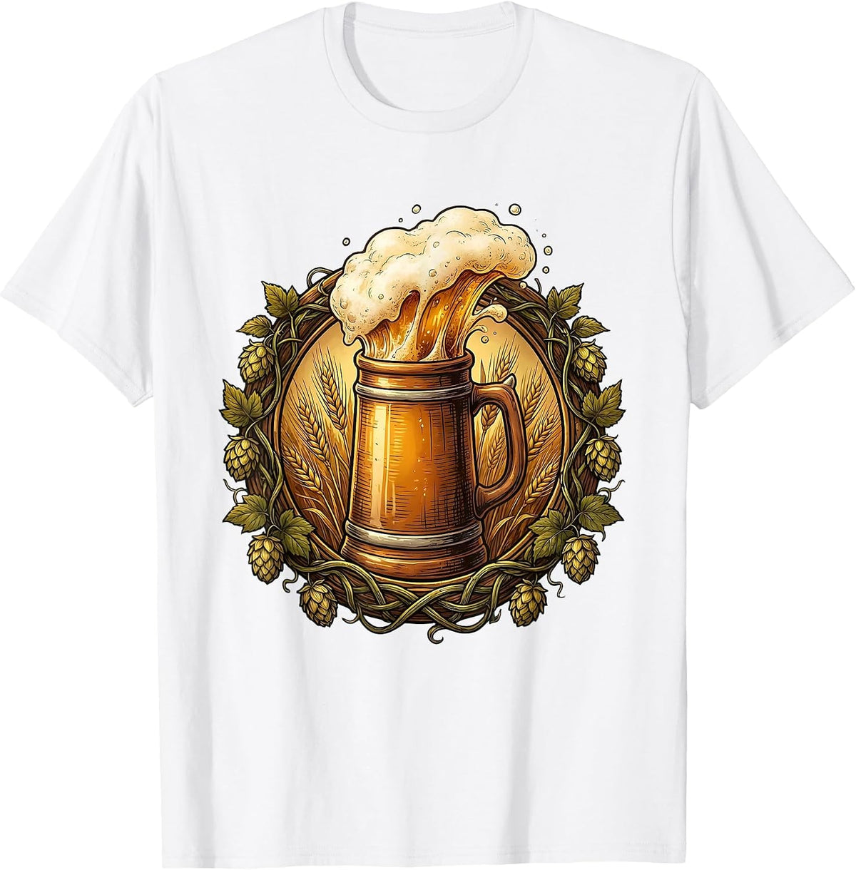 Men's Oktoberfest Beer Stein Overflowing Hops Graphic T-Shirt - White