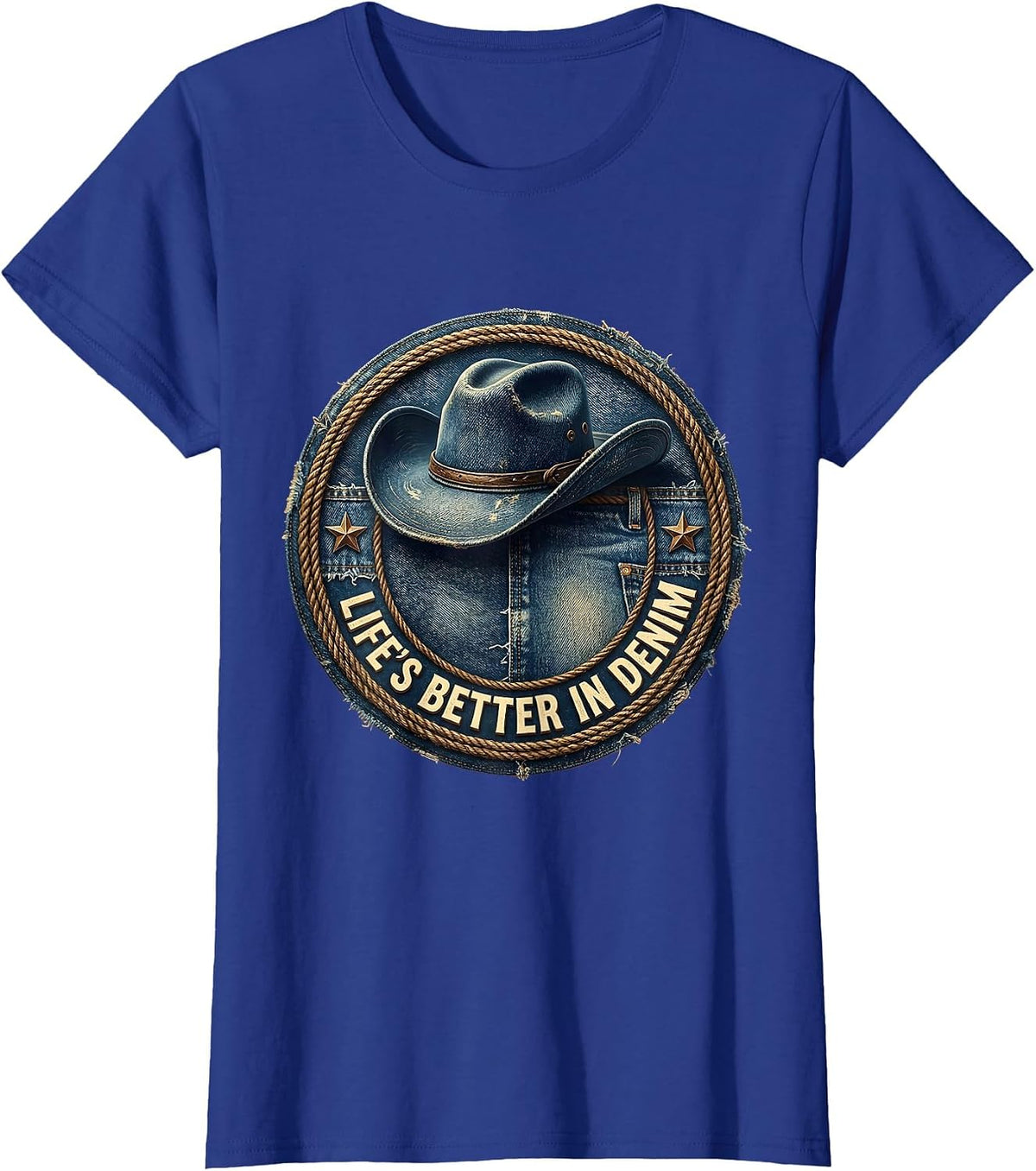 Women's Life's Better In Denim Cowgirl Design T-Shirt - Royal Blue