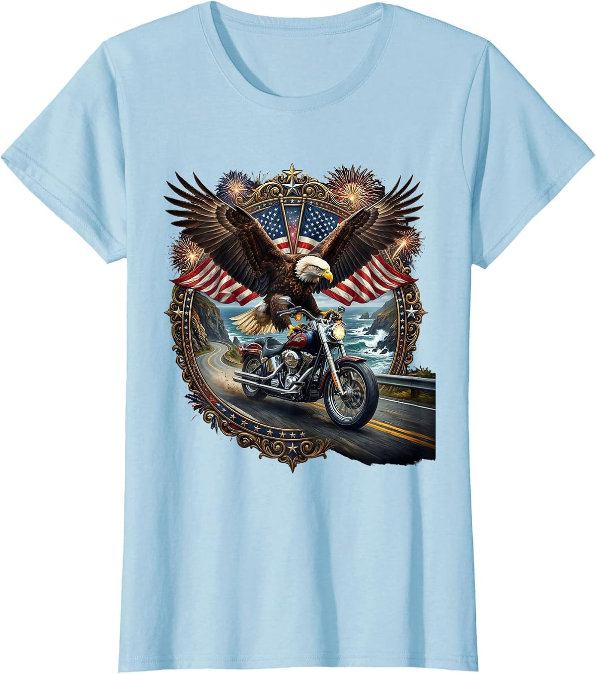 Coastal Cliffside Motorcycle Cruise Graphic Tee T-Shirt - Baby Blue