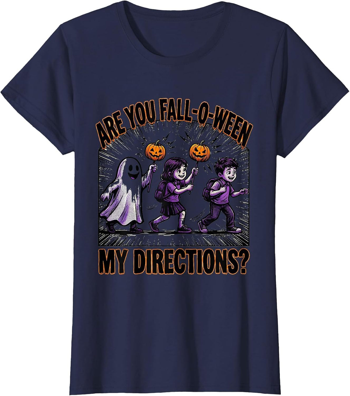Women's Are You Fall-O-Ween My Directions Comic Book Teacher Ghost T-Shirt - Navy Blue
