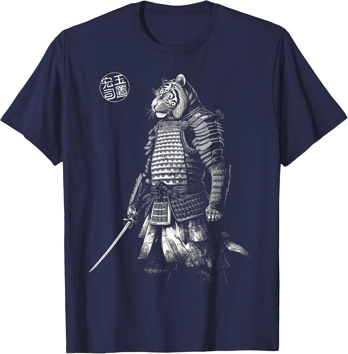 Japanese Aesthetics Tiger Samurai Beast Graphic T-Shirt - Navy Blue