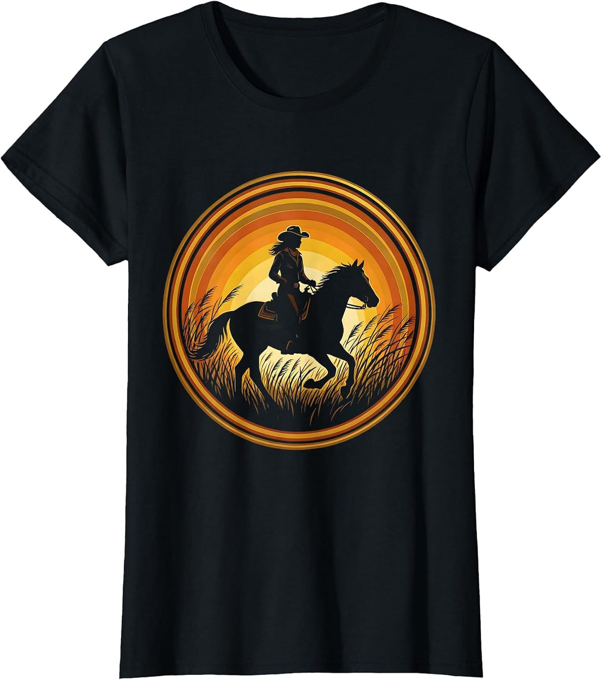 Women's Cowgirl on Horseback Golden Grass 90s Country T-Shirt - Black