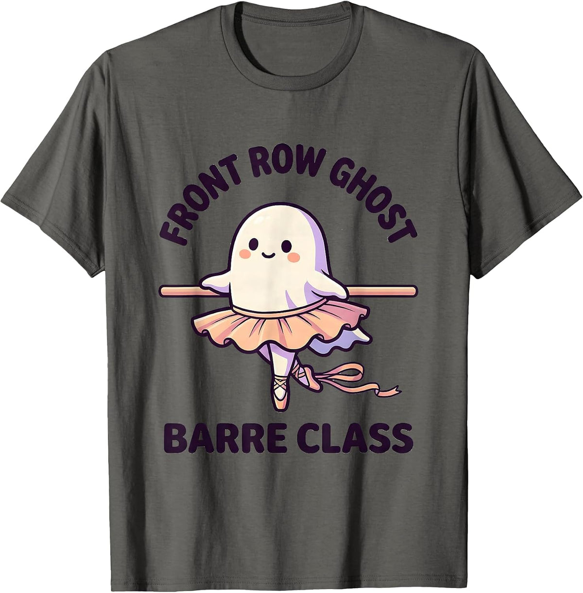Front Row Ghost Barre Class Cute Kawaii Halloween Ballet T-Shirt - Asphalt Grey